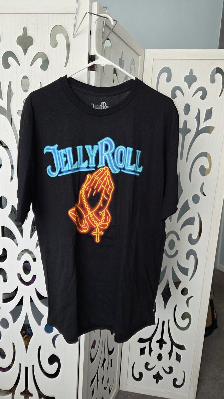 Jelly Roll Save Me Graphic Tee Black Neon Prayer Hands Cross Unisex